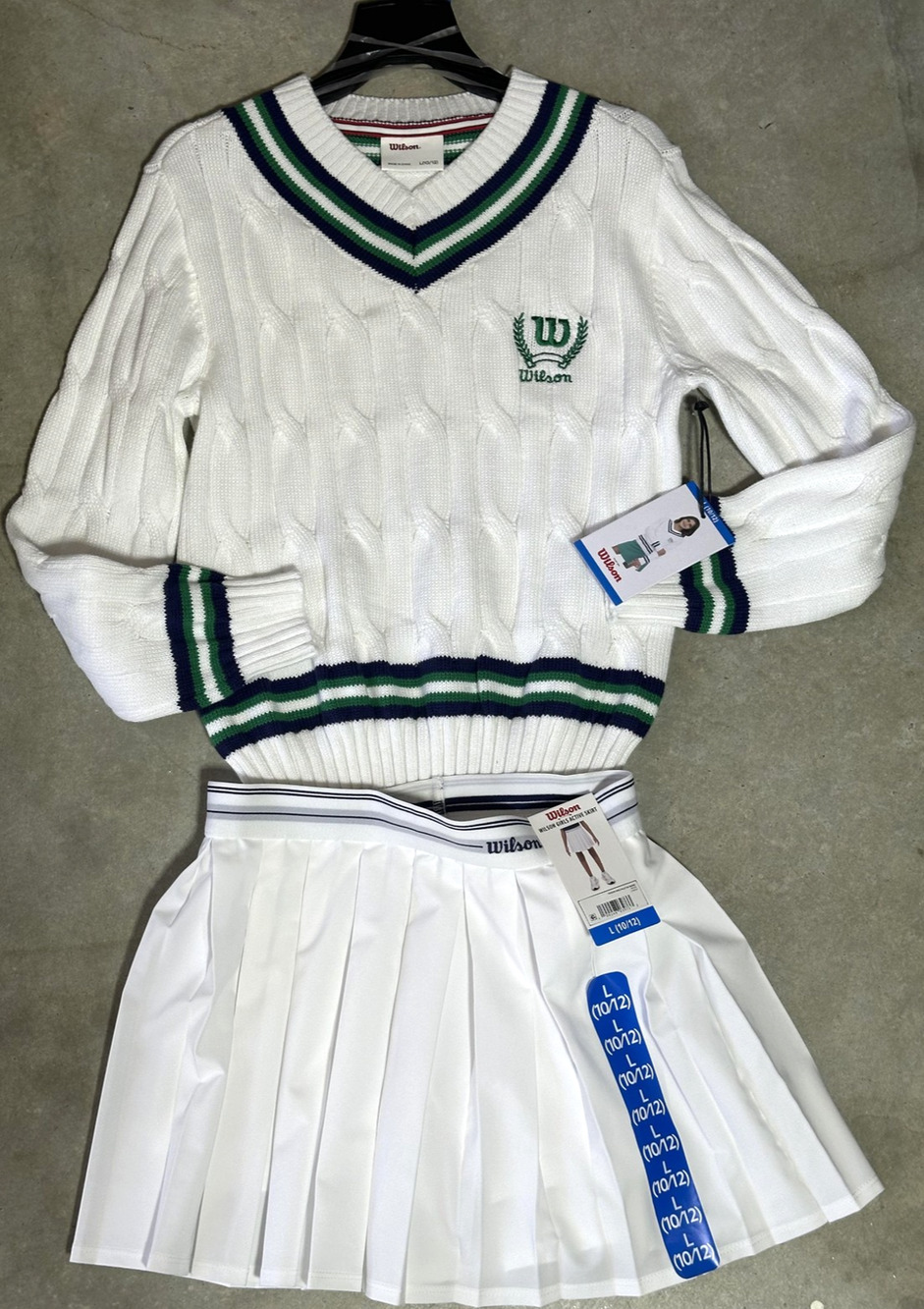 Wilson Sweater Skirt Set Girls 10-12 White Tennis Cable Knit Pleated Active